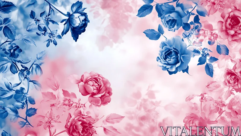Blue and Pink Roses Frame Soft Gradient Background