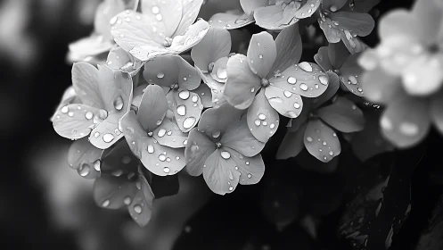 Rain-Soaked Flower Petals in Monochrome Tranquility