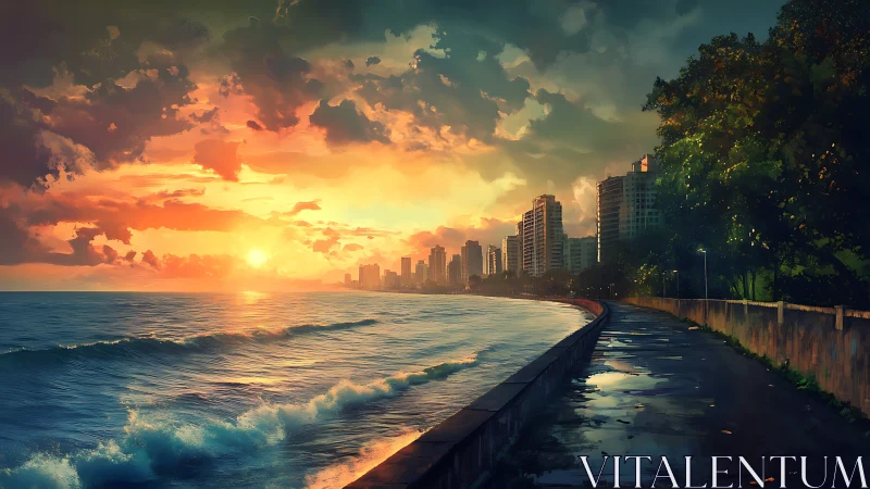 Sunlit shoreline boulevard embraces a glowing dream city.