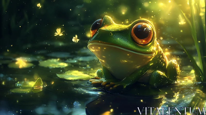 Gentle frog in glowing pond light with drifting fireflies.