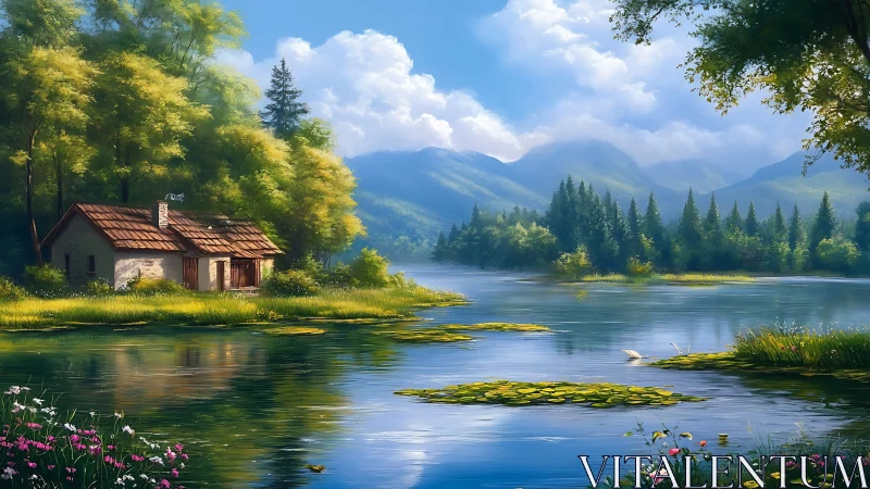 Riverside cottage stands beside reflective water under hills