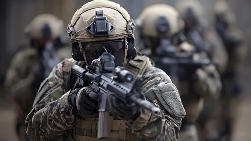 Armed tactical soldiers advancing with rifles in formation.