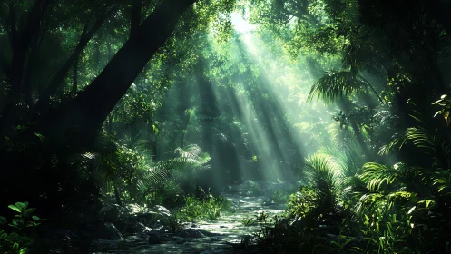 Sunlit Forest Stream: Where Nature Whispers Peace.