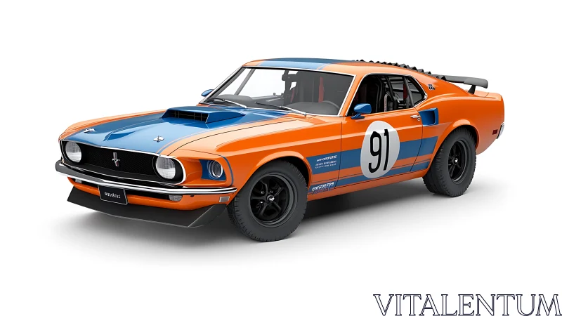 Orange and blue classic race car model is rendered cleanly