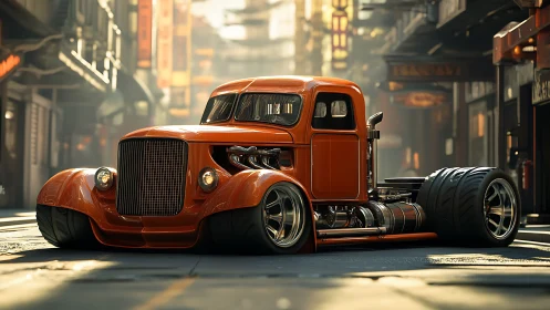 Low-slung orange hot rod truck renders retro-futurist street stance