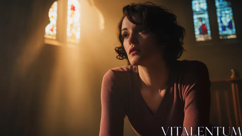 Contemplative woman bathed in cathedral light and quiet dust.
