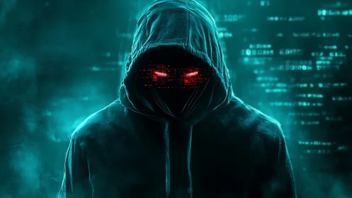 Cyberpunk hooded hacker with glitch mask in neon datastream.