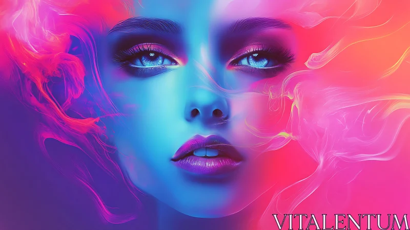 Neon-lit ethereal portrait in vivid cyan and magenta glow.