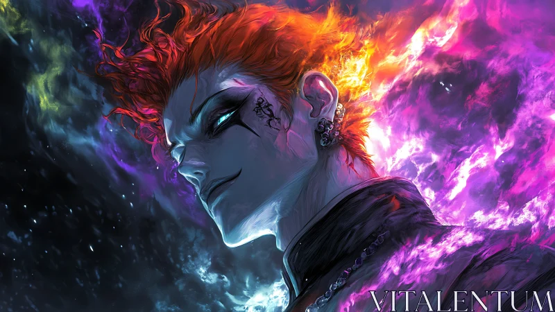 Flame edged portrait of stylized character in cosmic field.