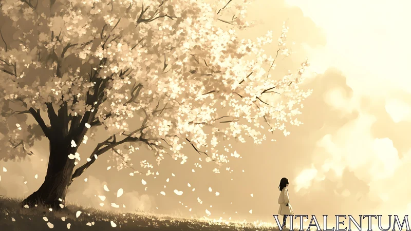 Solitary child beneath luminous cherry blossom canopy.