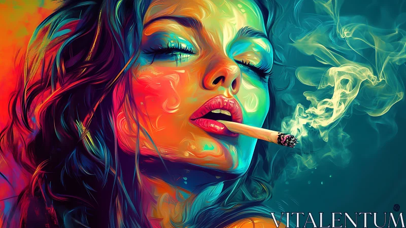 Neon-lit woman exhales swirling smoke in vivid hues.