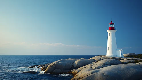 White coastal lighthouse stands on sunlit rocky shoreline