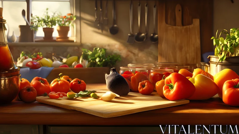 Sunlit country kitchen with tiny chef mouse on duty.