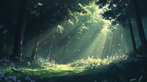 Enchanted Forest Clearing with Ethereal Sunlight and Blooming Flowers.