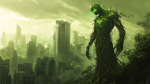 Gentle forest giant watching over a misty green city.