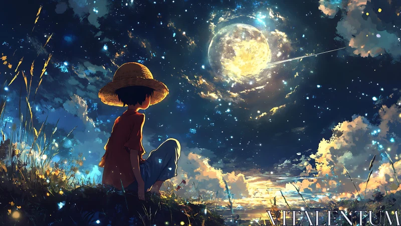 Child in straw hat observing luminous moonlit sky landscape.