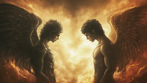 Twin seraphim ignite a storm of light, shadow, and fire.