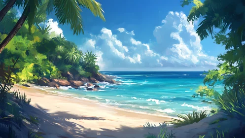 Tropical Paradise Beach with Palm-Framed Turquoise Waters