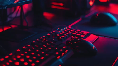 Neon-lit gaming battlestation glowing in electric red haze.