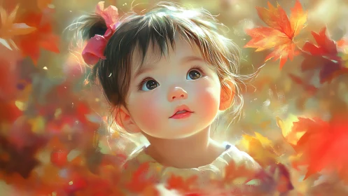 Young child gazes upward amid vibrant autumn foliage