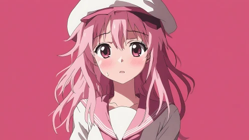 Shy pink haired anime girl in a soft, heartfelt moment.