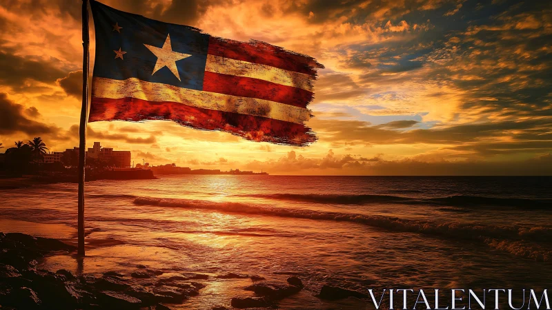 Sunlit coastal flag waving through a fiery seaside dusk.
