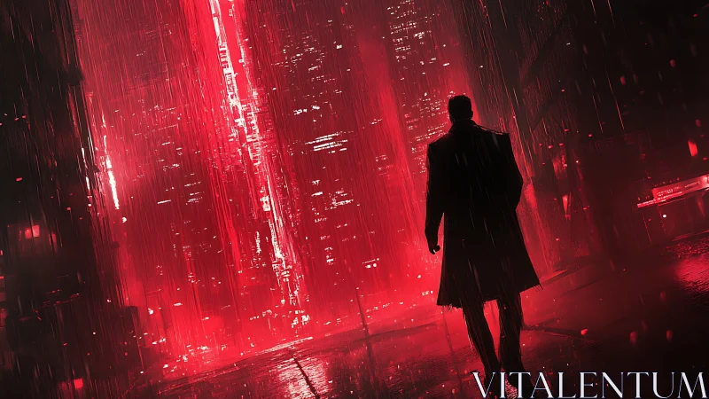 Silhouetted detective crossing neon red cyberpunk rain corridor.