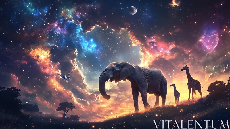 Elephant and giraffes under nebular sky with cosmic backlight.
