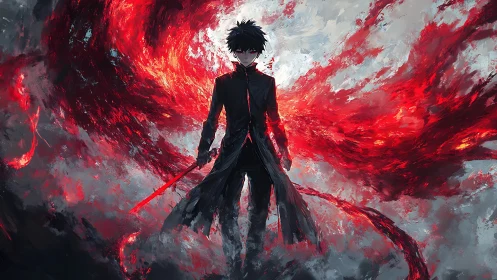 Dark anime swordsman commands swirling crimson energy storm