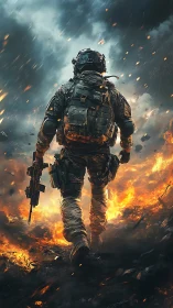 Armored soldier advancing through burning battlefield.