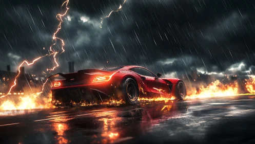 Red supercar races through fire on wet stormy highway.