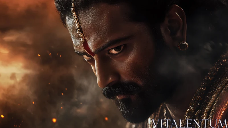 Warrior’s intense gaze framed by swirling embers and smoke.