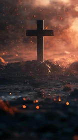 Lone stone cross amid embers in dark cinematic graveyard.