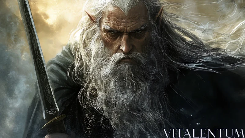 Storm-eyed elven warrior gazes forward with ancient resolve