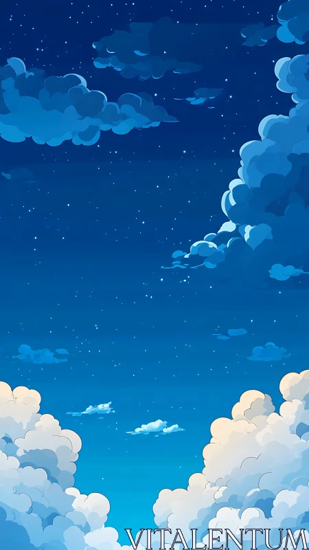 Starry cartoon sky glows above soft layered cumulus clouds