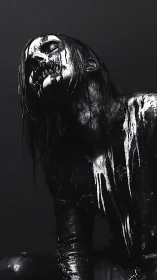 Monochrome horror figure drenched in dripping black paint.