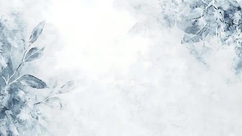 Soft blue watercolor foliage on light abstract background.