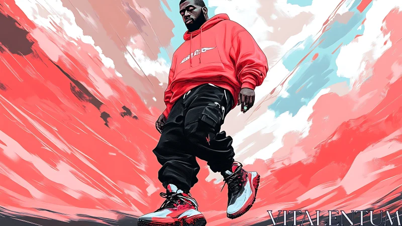 Streetwear figure strides through bold red painted sky