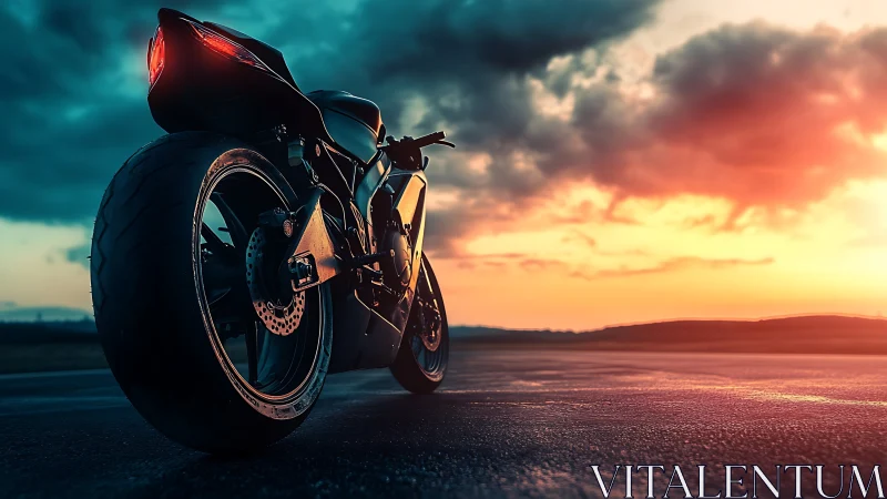 Sport motorcycle waits on wet highway beneath vivid sunset