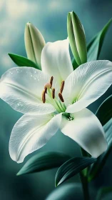 White lily bloom displays prominent stamens and developing buds.