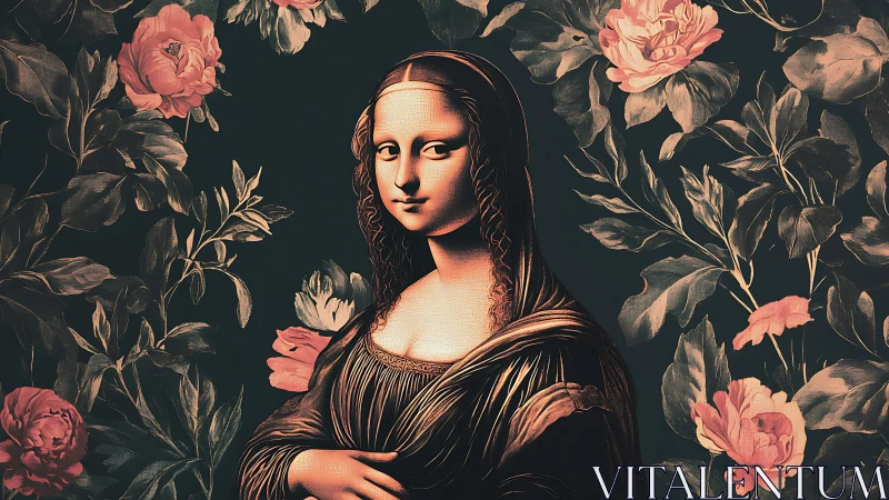 Digital painting reinterpretation of Mona Lisa with floral surround.