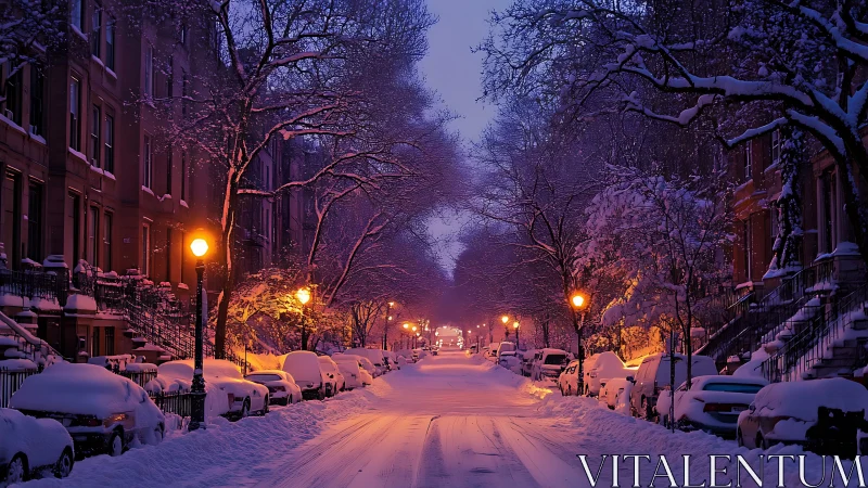 Snow covered residential street shows parked cars and trees at dusk