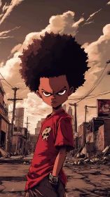 Defiant boy in red shirt standing in ruined city street.