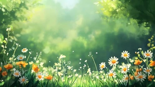 Sunlit meadow of gentle wildflowers in a soft green glow.