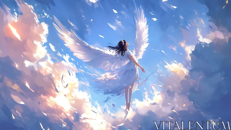 Gentle winged girl soars peacefully through glowing sky