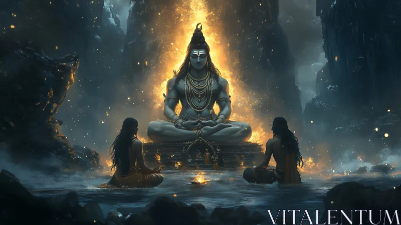 Volcanic-luminous Shiva meditation in glacial cavern basin.