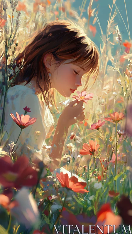 Girl smelling pink flower in glowing wildflower meadow.