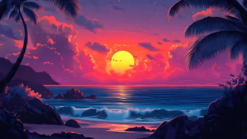 Tropical shoreline with sunset, clouds, and palm silhouettes.