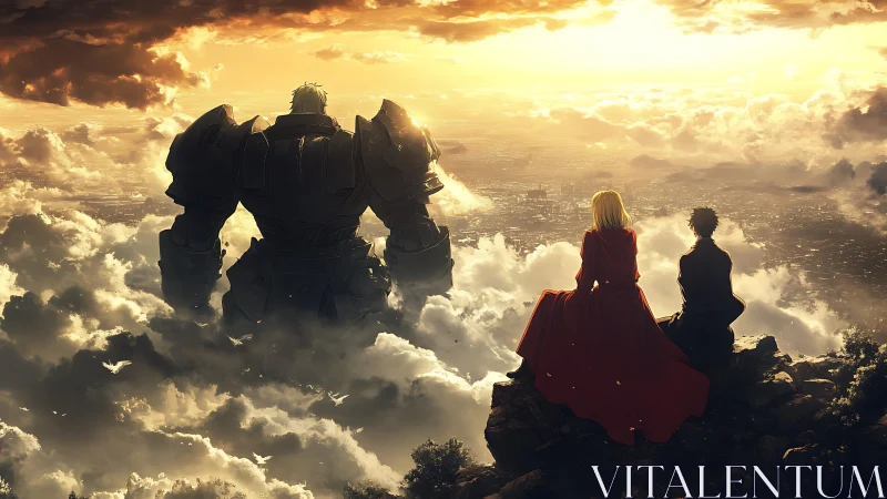 Three figures overlook glowing city from clouded cliff.