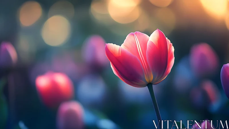 Radiant Pink Tulip in Golden Bokeh Light.